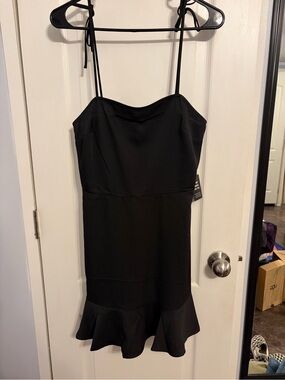 Express Black Spaghetti-Strap Mini Dress with Ruffle Hemline